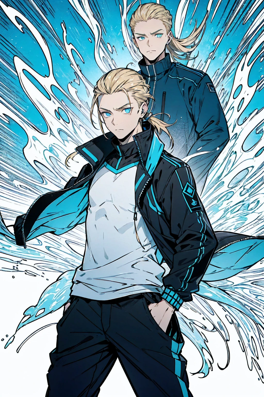 Tall, tannish, handsome male, blonde hair put in manbun, deep cyan eyes, fit and lean, wears Black and blue jacket, black pants and high tops, and covered in blue flames.