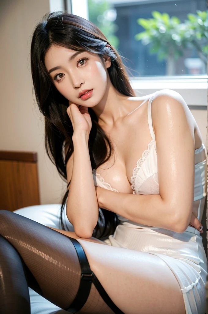 (((masterpiece))), ((best quality)), detailed, solo, 1girl,lingerie, stockings, seductive pose,(rain), curtains, ((big breastig cleavage), ( hips), (narrow waist ) (looking at viewer:2),high contrast,ultra-high-definition, outstanding details, 8K, Blush face, attractive collarbone, nikon z9, 30mm lens, sharp focused face, f/4, iso 200, shutter 1/250, beauty light, medium shot, raw ,intricately detailed, award winning photograph, good contrast, high sharpness, facial symmetry, bokeh, ultra-detailed, there is a woman sitting on a brick floor wearing stockings, korean girl, sexy girl, asian girbeautiful asian girl, gorgeous young korean woman, sexy :8, tight attire, utiful south korean woman, sexy dress, attractive posvery attractive and beautiful, beautiful young korean woman, korean woman, open v chest clothes, thicc, gorgeous face and figure