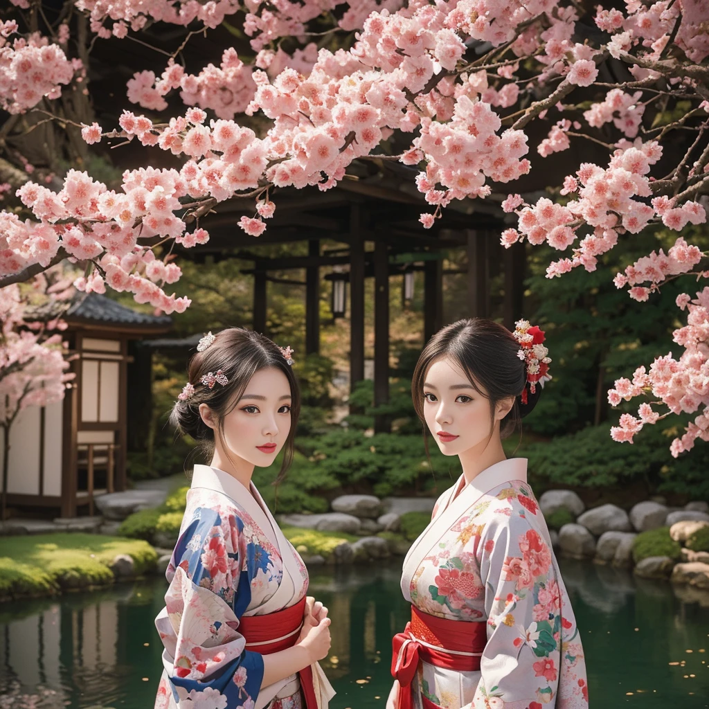 In a traditional scene, Japanese Geisha、The elegance of elaborate gardens. She has beautiful eyes and lips that complement her face. Geisha wear traditional kimonos with gorgeous patterns and designs.. Around her are bright Cherry tree and a quiet carp pond. This scene is depicted in photorealism, Vibrant colors. The lighting accentuates the geisha&#39;s elegant features, Gives porcelain skin a soft glow. The artwork is of the highest quality, 4K or 8K resolution, Showcasing the intricate details of geisha costumes, Cherry tree, And the glittering scales of the carp. The overall color scheme is、A combination of traditional Japanese colors, crimson, wait., Black, Subtle gold accents, The ancient tradition、Create compelling and visually striking masterpieces.