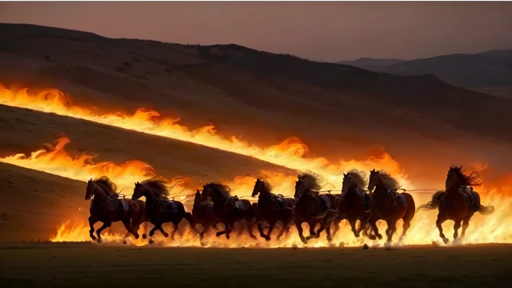 horses running in a line with flames in the background, amazing fire art, fires!! hyperrealistic, horsemen of the apocalypse, by Annie Leibovitz, cavalry charge, by Marina Abramović, award-winning photo!!!!, dramatic fire lighting, cavalry, annie leibovitz photography, award-winning shot, award - winning shot, gorgeous art