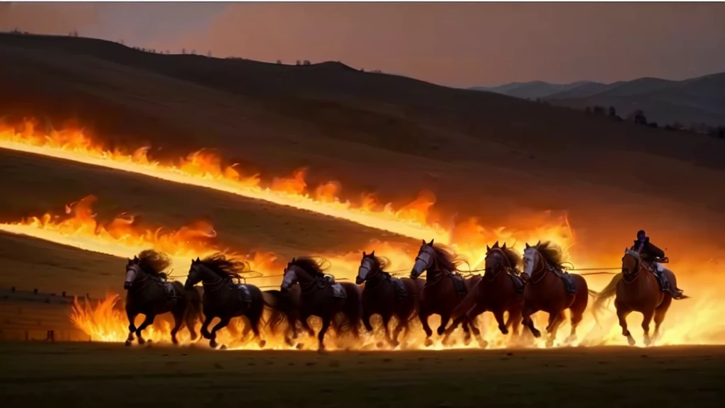 horses running in a line with flames in the background, amazing fire art, fires!! hyperrealistic, horsemen of the apocalypse, by Annie Leibovitz, cavalry charge, by Marina Abramović, award-winning photo!!!!, dramatic fire lighting, cavalry, annie leibovitz photography, award-winning shot, award - winning shot, gorgeous art