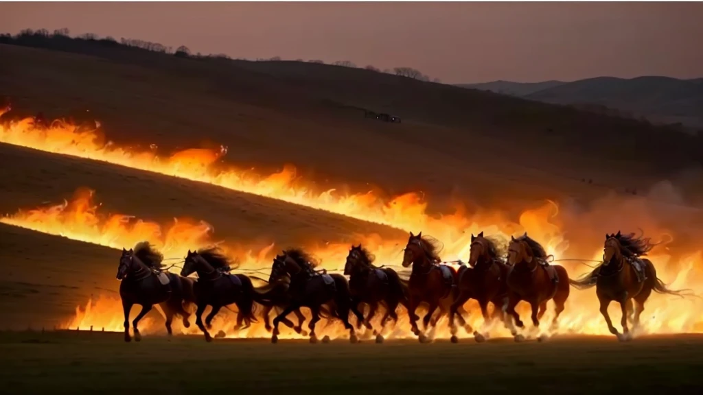 horses running in a line with flames in the background, amazing fire art, fires!! hyperrealistic, horsemen of the apocalypse, by Annie Leibovitz, cavalry charge, by Marina Abramović, award-winning photo!!!!, dramatic fire lighting, cavalry, annie leibovitz photography, award-winning shot, award - winning shot, gorgeous art