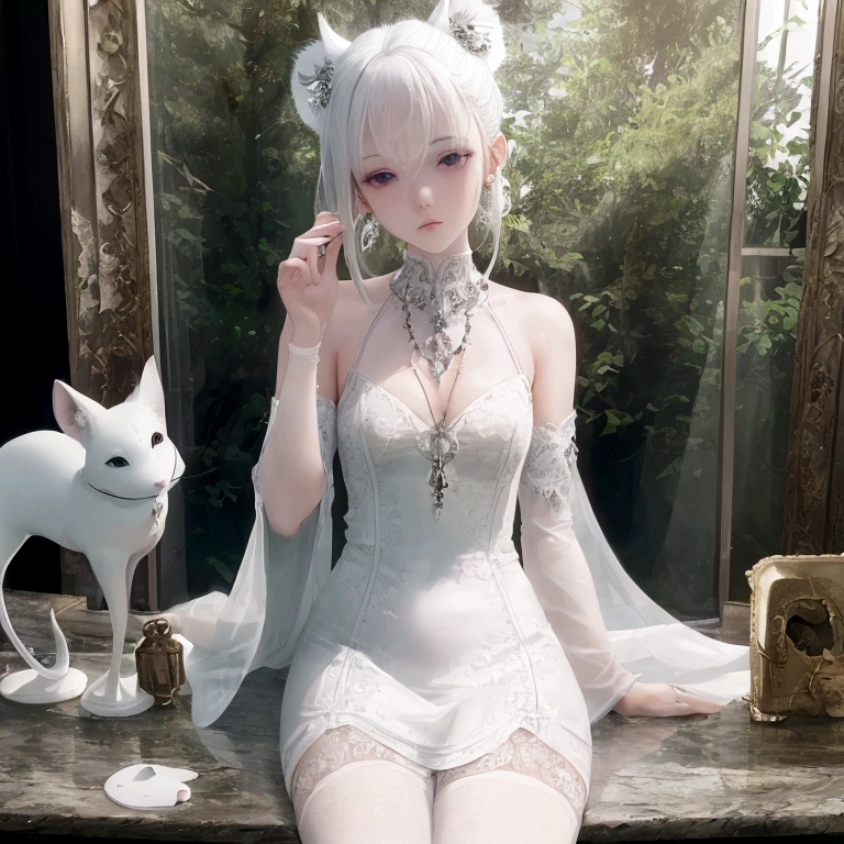 from front, portrait, from above, High resolution, high definition, ultra detailed, 4k, 8k, super masterpiece, BJD and a small white mouse are staring at each other, BJD is modeled after a beautiful 18-year-old woman, life size, Joints in the body are mechanical, BJD are battery powered, BJD are beautiful like sculptures, Hard white porcelain skin that shines white, BJD is sitting on a chair and looking at a white mouse, no makeup, white chignon hair, large glass eyes, Sleeveless white off-shoulder dress with elegant drape and beautiful embroidery, bisque doll, The white mouse is so small that she can wrap it in her hands, The small white mouse stands on two legs on the table, Beautiful fur of a realistic small white mouse, dreamy, aesthetic, gothic style, fantasy,