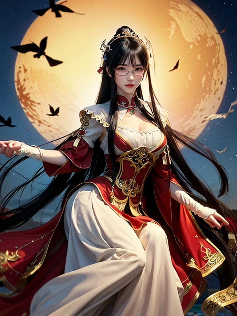 Earth medieval,a beautiful attractive slender Chinese woman, long wavy black hair, black eyes,busts large, vintage glasses, v-neck Victorian dress, maple colored bodice with black laces, red skirt, white gloves, blue butterflies flying in the night sky, frozen lake , bonfire, background of a night sky with a crescent moon and fireflies cherry trees forest