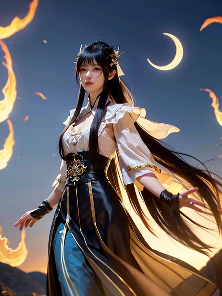 Earth medieval,a beautiful attractive slender Chinese woman, long wavy black hair, black eyes,busts large, vintage glasses, v-neck Victorian dress, maple colored bodice with black laces, red skirt, white gloves, blue butterflies flying in the night sky, frozen lake , bonfire, background of a night sky with a crescent moon and fireflies cherry trees forest