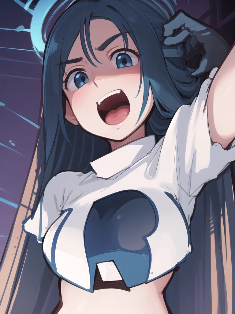 masterpiece, best quality, 1 girl, darkblue hair, long hair, team rocket,team rocket uniform, twitch, slapstick comedy, laugh eyes, laugh open mouth, noodle on head, fuss, sexy, virjin, villain, stupid, electric background,