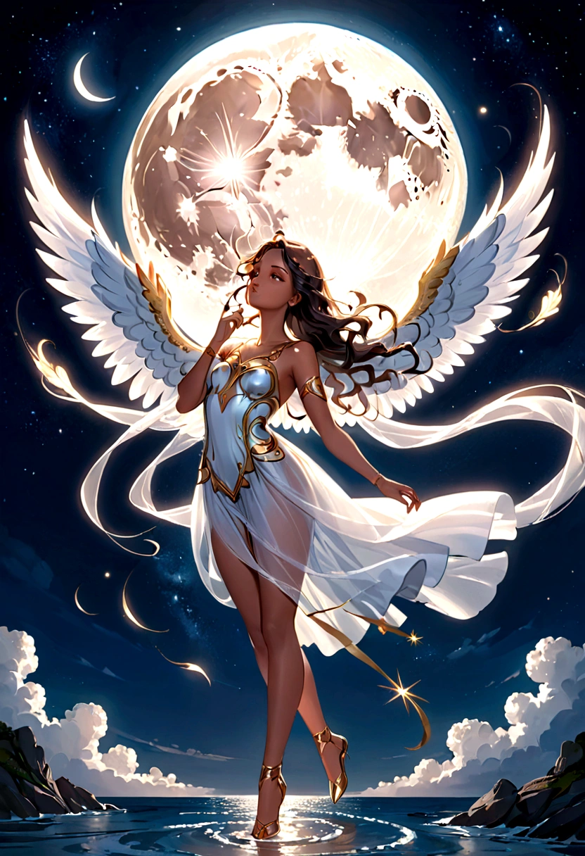 detailed full body portrait,(The girl looks up at the stars), angelicales, Angelic, (Angel wings), (masterpiece, highres, Highest picture quality), (Master's work), (zentangle:1.2), 1girl, classical, noble, princess, Tyndall Effect, light background, bare shoulders, bare back, shiny skin, shiny hair, negative space, high quality, white dresseandy Jürgens (Mandy Jurgens) Realistic paintings created, Perverted, arte figurativa, Detailed depiction of the, realistically, An artwork of, contours, seen from the side, simple backgound,