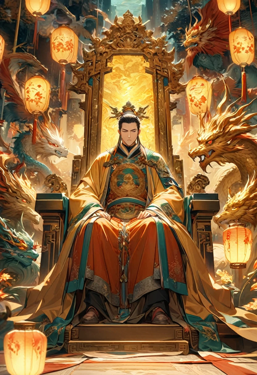 Jade Emperor seated on a magnificent golden throne in the heavenly realm. he looks down with kind, knowing eyes. A humble young farmer in simple clothing stands respectfully before him . Surround them with floating lanterns, mythical creatures like dragons and phoenixes, and vibrant celestial flora under a soft, golden light, symbolizing the sacred nature of the encounter.