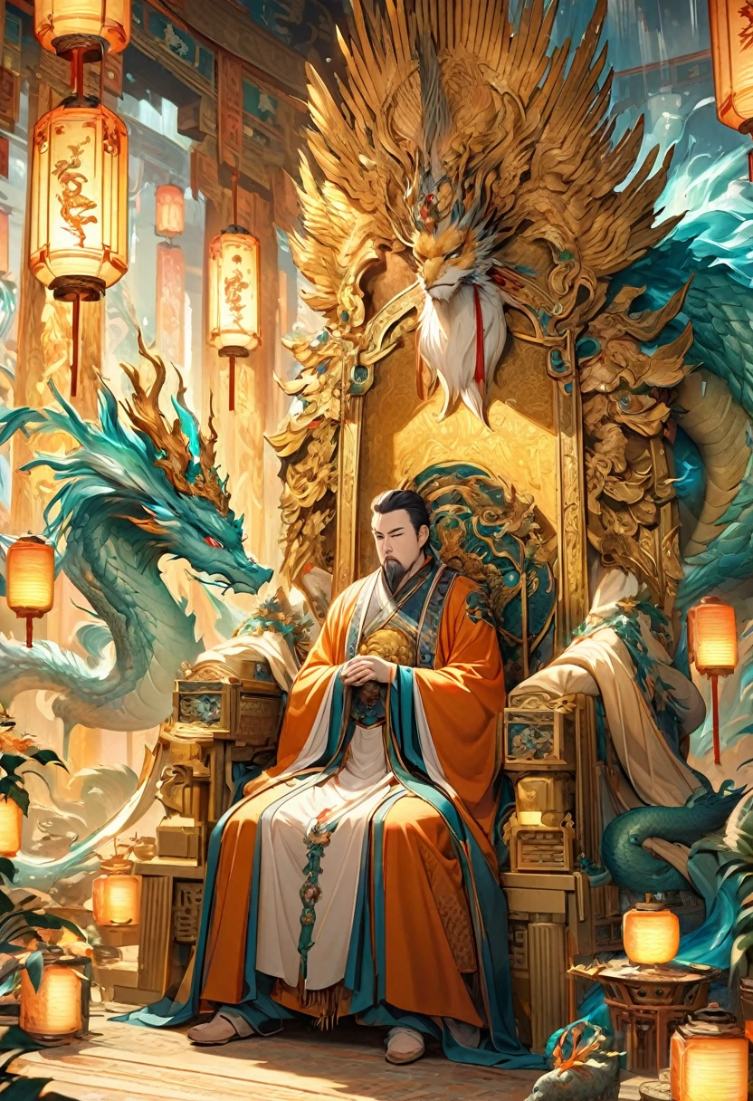 Jade Emperor seated on a magnificent golden throne in the heavenly realm. he looks down with kind, knowing eyes. A humble young farmer in simple clothing stands respectfully before him . Surround them with floating lanterns, mythical creatures like dragons and phoenixes, and vibrant celestial flora under a soft, golden light, symbolizing the sacred nature of the encounter.
