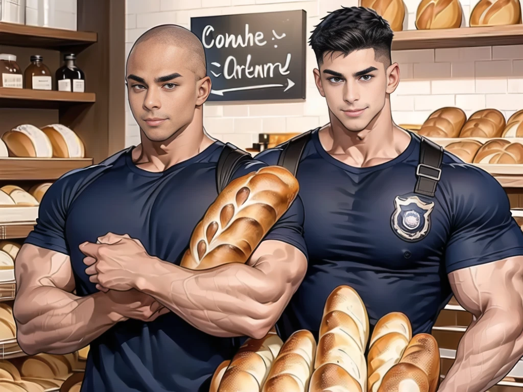 1 man,(Skinheads hairstyles) ,black eye,(Wear a fitted round neck t-shirt in navy with a police badge.:1.3),(fit neck),Navy blue jeans,(black_gloves), Korean guy,chest muscles,large arm muscles,blood vessel,Big muscles,Broad shoulders,(Carrying a black backpack:1.3),(sunglasses:1.1), smile, middle of the road,(full_shot:1.6),(In the bread shop:1.2),