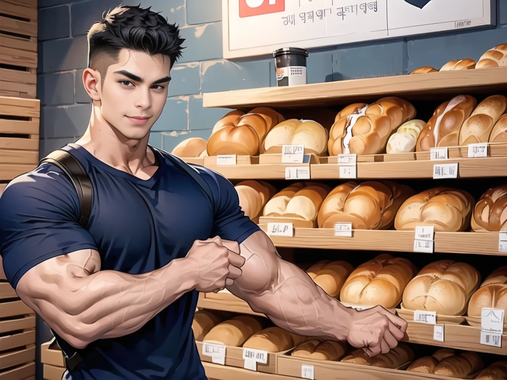 1 man,(Skinheads hairstyles) ,black eye,(Wear a fitted round neck t-shirt in navy with a police badge.:1.3),(fit neck),Navy blue jeans,(black_gloves), Korean guy,chest muscles,large arm muscles,blood vessel,Big muscles,Broad shoulders,(Carrying a black backpack:1.3),(sunglasses:1.1), smile, middle of the road,(full_shot:1.6),(In the bread shop:1.2),