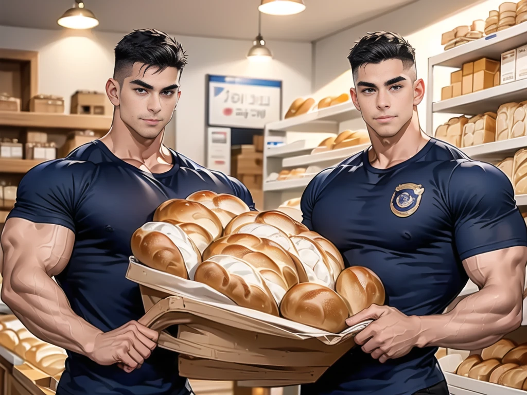 1 man,(Skinheads hairstyles) ,black eye,(Wear a fitted round neck t-shirt in navy with a police badge.:1.3),(fit neck),Navy blue jeans,(black_gloves), Korean guy,chest muscles,large arm muscles,blood vessel,Big muscles,Broad shoulders,(Carrying a black backpack:1.3),(sunglasses:1.1), smile, middle of the road,(full_shot:1.6),(In the bread shop:1.2),