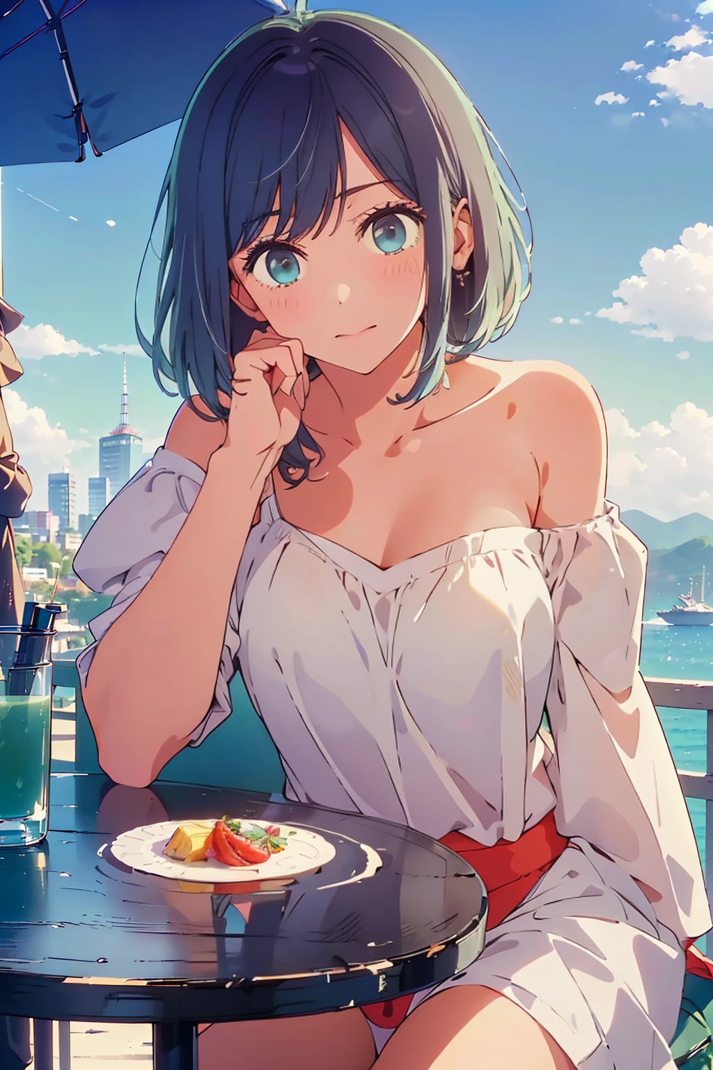 (Highest quality:1.4、8K:1.4、detailed)、F cup bust、Big Breasts、Slim body、Very white beautiful skin、((((1 person、Surprised expression、sit、Chair、In the background are the urban buildings of Tokyo、looking at the camera、Outdoor café terrace、coastal、Navy hair color、juice、Shooting up close、table、Very cute face))))、(Pose of putting hair behind ears with hands:1.4)、((((Oversized off-the-shoulder、nude))))、Areola、Very blue sky、A completely cloudless sky