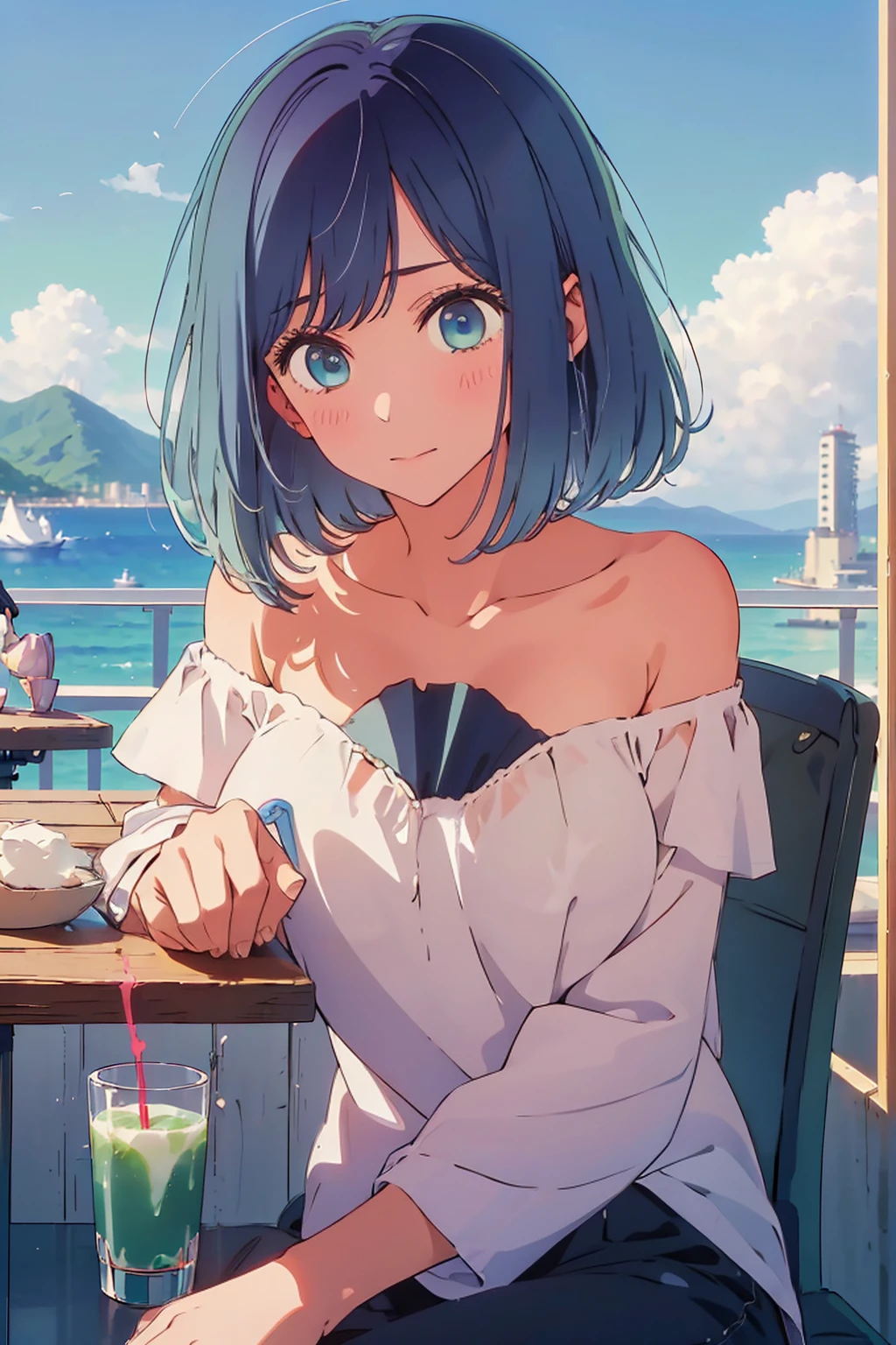 (Highest quality:1.4、8K:1.4、detailed)、F cup bust、Big Breasts、Slim body、Very white beautiful skin、((((1 person、Surprised expression、sit、Chair、In the background are the urban buildings of Tokyo、looking at the camera、Outdoor café terrace、coastal、Navy hair color、juice、Shooting up close、table、Very cute face))))、(Pose of putting hair behind ears with hands:1.4)、((((Oversized off-the-shoulder、nude))))、Areola、Very blue sky、A completely cloudless sky