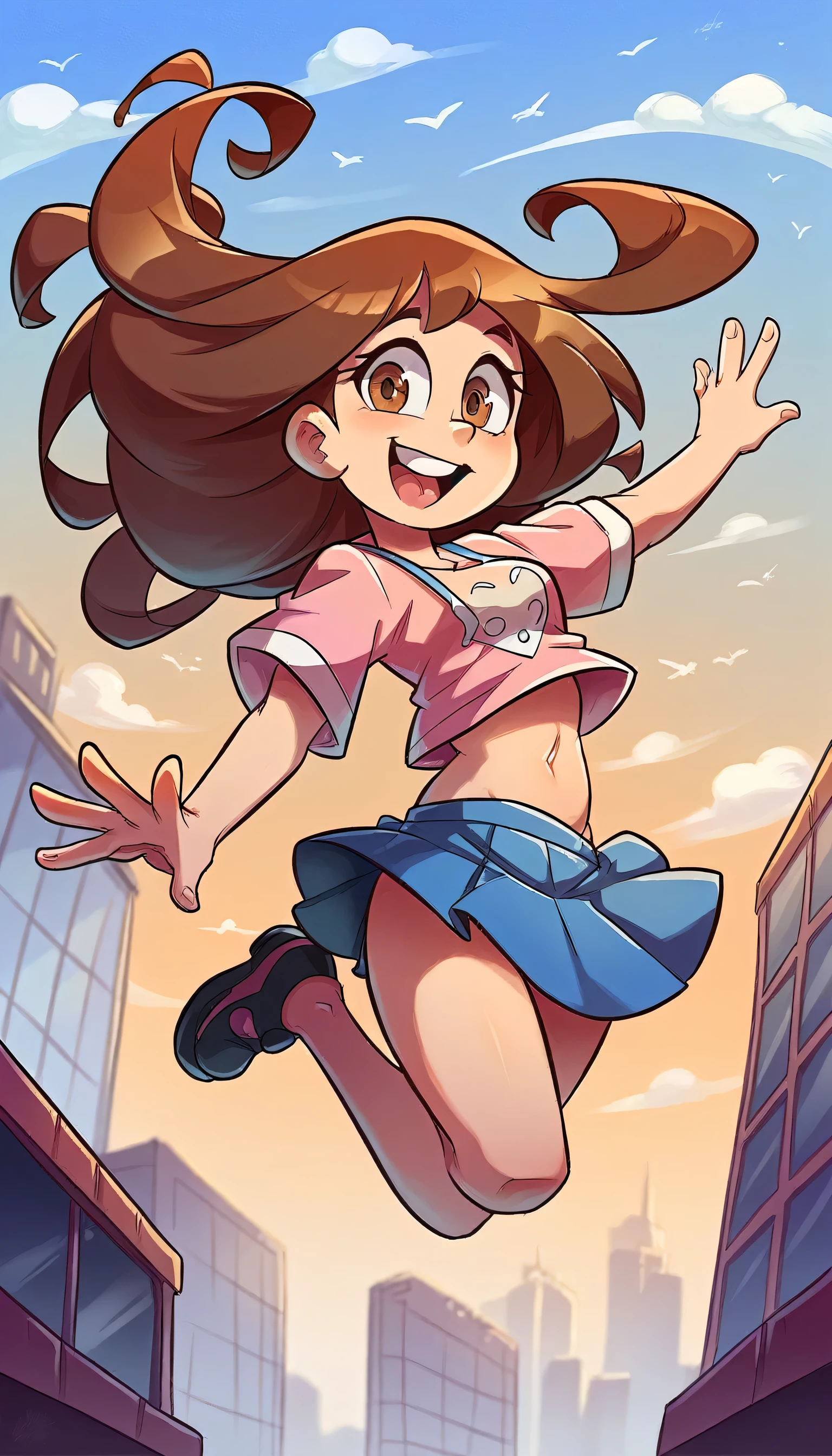 In anime, a girl with light skin, , cute, leaders, long brown hair, her brown eye, wears a pink button-down blouse, shows her navel, and a short blue skirt, black shoe, she travels, flying, sky background, city.