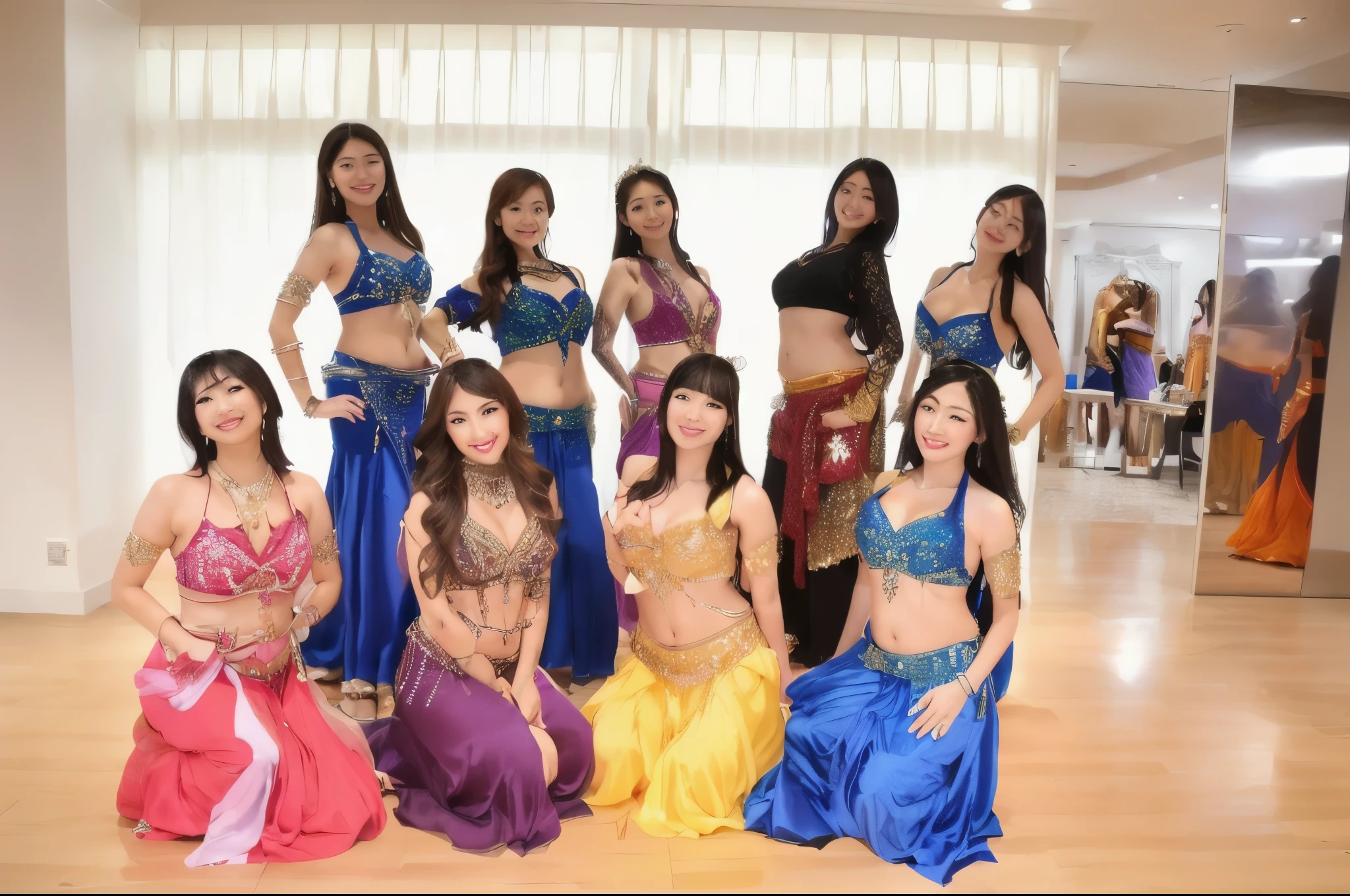 araffes in colorful outfits posing for a Group photo, Belly dance, Exotic Costumes, Shot with Canon EOS 5D mark iv, oriental fantasy, beautiful, Shot with a Canon 5D MK4, Group photo, Diverse costumes, Lava showcase full dress, green, color, Shot with Canon EOS 5D, Harem, dancer, beautiful women, Asian Woman