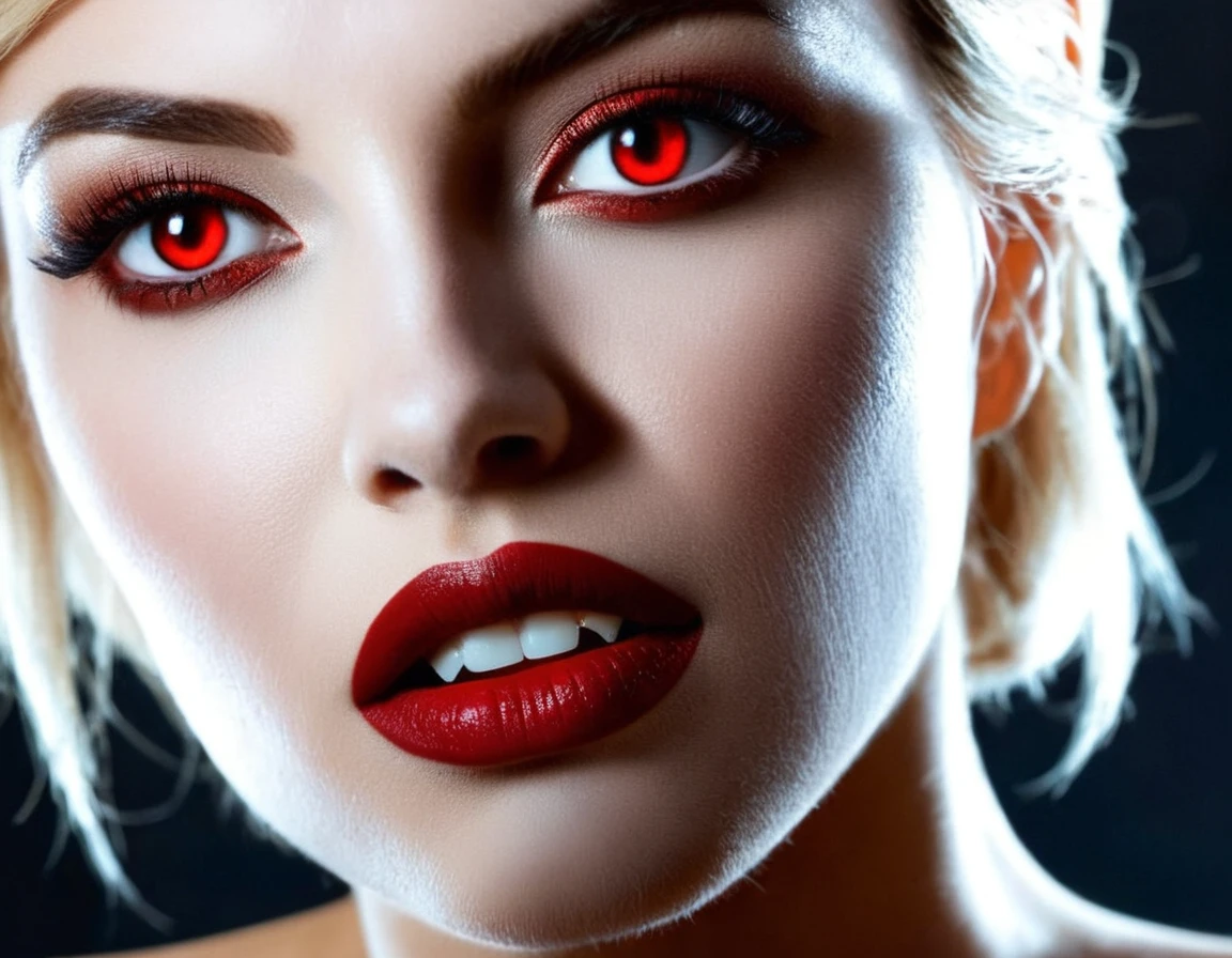 , 1vampire lady, solo, mature adult woman, evil , lady from hell, vampire beauty, femme fatale, evil apostle of darkness, peerless beauty, (((((👄, 👅, Sensually Baring Her Fangs, Vampire Bite),(slyly looks), (Cruel grinning slit eyes), (evil roguish smile))))), a Vampire Kiss, masterpiece, perfect , ideal  features, ideally proportioned figure, perfectly beautiful body, makeup, sensual Blonde, Very short, pixie cut, Beautifully detailed eyes, double eyelid, (eyeliner:1.2), mascara, eyeshadow, golden eyes, Beautifully detailed nose and nostrils, Beautifully detailed lips, (lipstick:1.1),(Dark red lips, glossy lips), (Vampire Fangs), tongue, saliva, Focus only on the mouth, Woman mouth close up, from front, glaring at you
