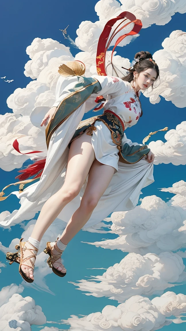 wallpaper,32k,(masterpiece, Top quality, best quality, Official Art, beauty:1.2),(最詳細清晰的contour和五官:2.0,contour:2.0) (1 Chinese Goddess:1.5), Very detailed,(Dunhuang艺术:1.1),(Dunhuang,rich and colorful:1.1)(Flowers:1.3),Most detailed,(tangled:1.2), (Dynamic flight attitude,Foot on the white clouds,Show your thighs:2.0), (Blue sky, White clouds and bright moon background:1.3), (Chinese embroidered Hanfu:1.2), (Glowing skin), (Many colors:1.4), ,(earrings:1.4),