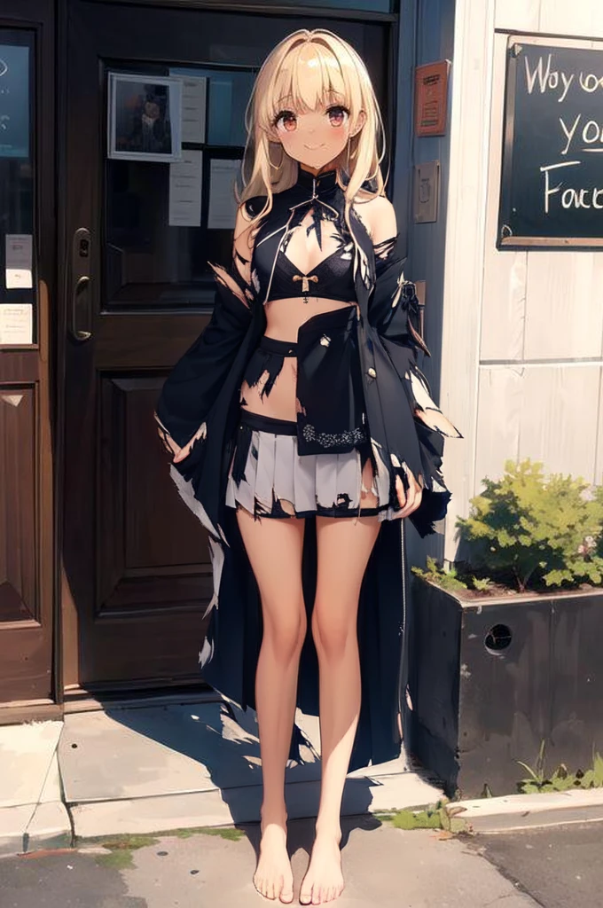 Tattered clothes,Torn服,(Torn)Tattered ,Yoreyore shirt,袖がTornシャツ,Damaged pleated mini skirt,Tattered Skirt,Flat Chest,(belly button),belly button出し,stomach,arm,(barefoot)