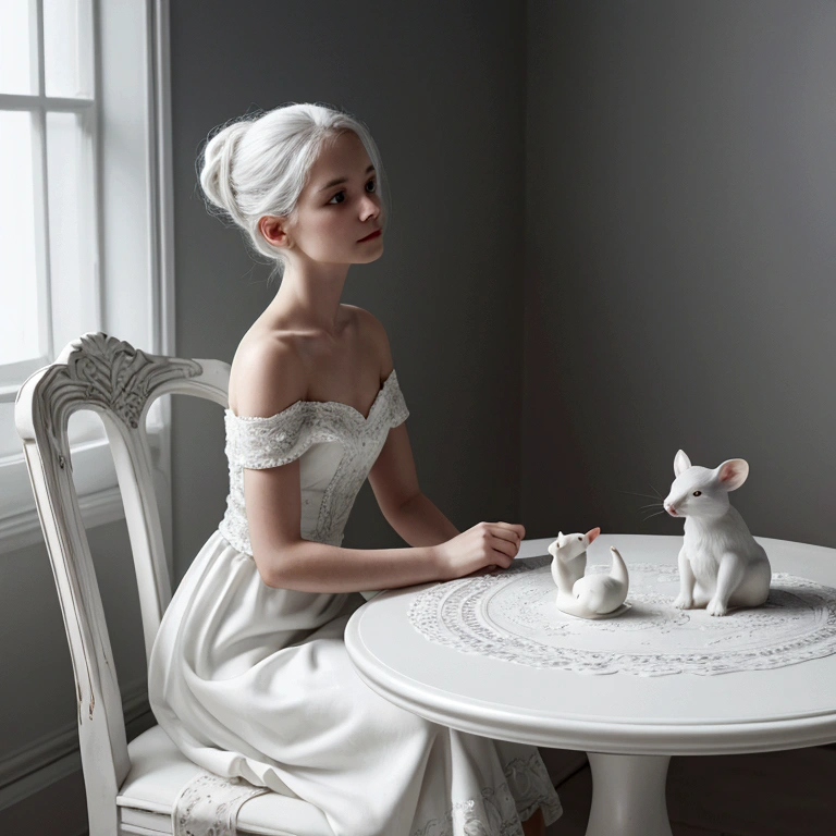from front, portrait, from above, High resolution, high definition, ultra detailed, 4k, 8k, super masterpiece, BJD and a small white mouse are staring at each other, BJD is modeled after a beautiful 18-year-old woman, life size, Joints in the body are mechanical, BJD are battery powered, BJD are beautiful like sculptures, Hard white porcelain skin that shines white, BJD is sitting on a chair and looking at a white mouse, no makeup, white chignon hair, large glass eyes, Sleeveless white off-shoulder dress with elegant drape and beautiful embroidery, bisque doll, The white mouse is so small that she can wrap it in her hands, The small white mouse stands on two legs on the table, Beautiful fur of a realistic small white mouse, dreamy, aesthetic, gothic style, fantasy,