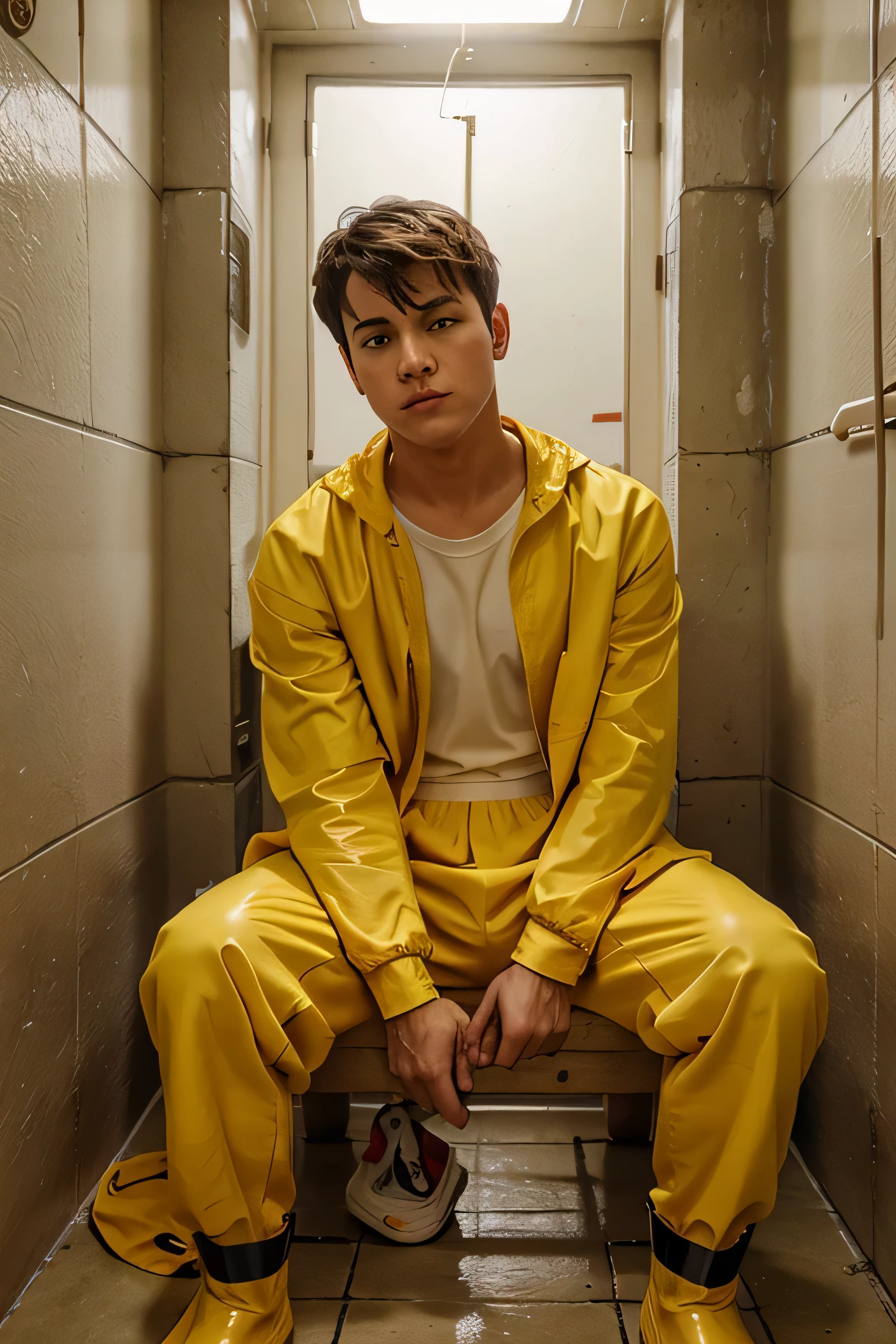 a highschool boy sit barefoot in a prison cell, putting on whites Hunter rubber boots and wearing a yellow prison jumpsuit