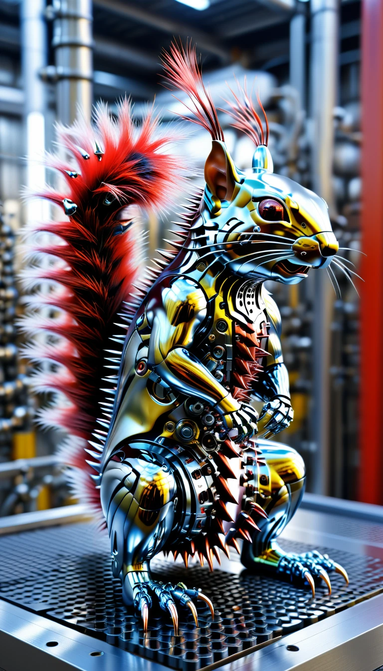There is no one, Reality Photos, Reality Photos, Realistic photo of a squirrel-like creature, spikes, multi-colored shiny fur, strange and, Surreal and, the other world, A robotic factory with a shiny assembly plant, intricate details, very sharp, Sophisticated details, Flawless composition, vivid colors, masterpiece, futuristic, metal decoration, The shiny red interior is empty., polished, ray tracing