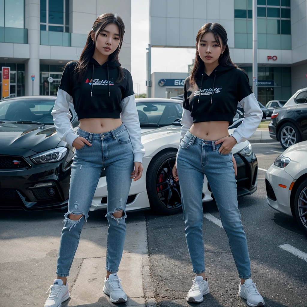A beautiful young Korean woman,White hoodie, jeans, Cyber blue shoes, earphones,standing in front of a sports car and a woman posing elegantly,background of mall parking and lots of modified cars. HD image quality 