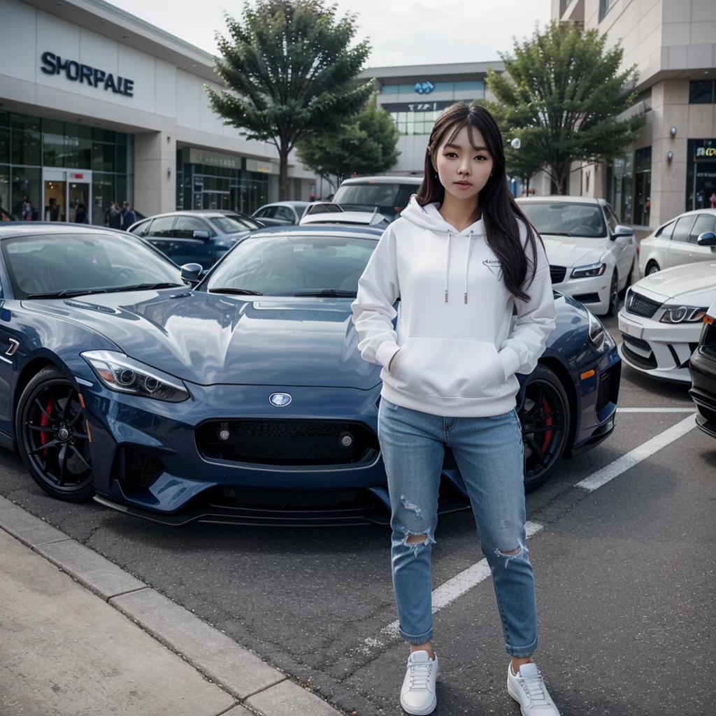 A beautiful young Korean woman,White hoodie, jeans, Cyber blue shoes, earphones,standing in front of a sports car and a woman posing elegantly,background of mall parking and lots of modified cars. HD image quality
