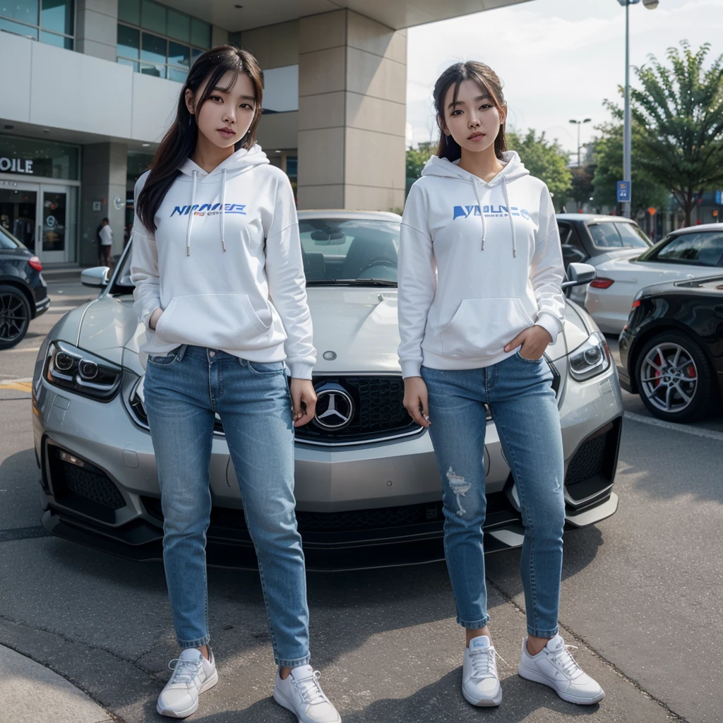 A beautiful young Korean woman,White hoodie, jeans, Cyber blue shoes, earphones,standing in front of a sports car and a woman posing elegantly,background of mall parking and lots of modified cars. HD image quality 