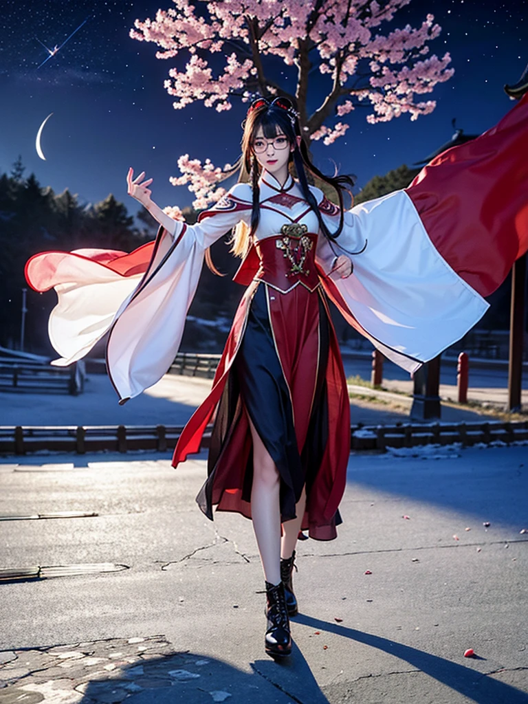 Close up,mmorpg chinese,a beautiful attractive slender Chinese woman, long wavy black hair, black eyes,busts large, vintage glasses, v-neck Victorian dress, maple colored bodice with black laces, red skirt, white gloves, blue butterflies flying in the night sky, frozen lake , bonfire, background of a night sky with a crescent moon and fireflies cherry trees forest
