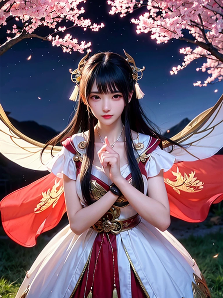Close up,mmorpg chinese,a beautiful attractive slender Chinese woman, long wavy black hair, black eyes,busts large, vintage glasses, v-neck Victorian dress, maple colored bodice with black laces, red skirt, white gloves, blue butterflies flying in the night sky, frozen lake , bonfire, background of a night sky with a crescent moon and fireflies cherry trees forest