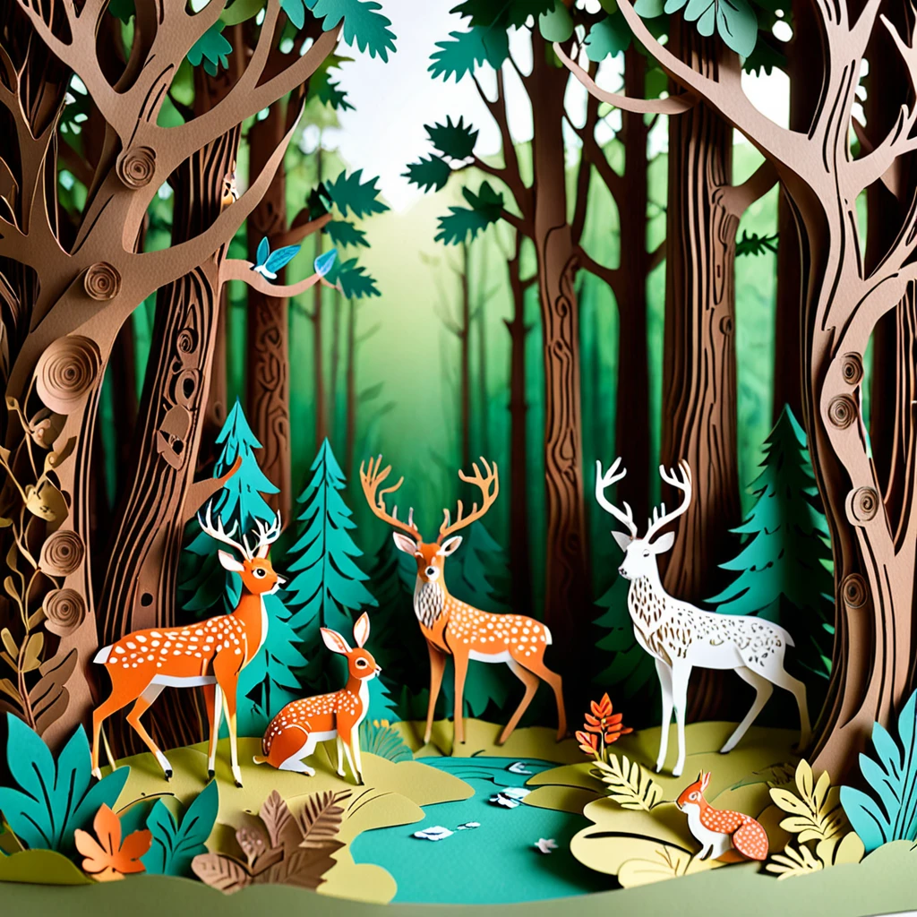 Create a detailed paper cutout artwork depicting a lively forest scene filled with various animals. The scene should include tall, majestic trees with dense foliage, a variety of animals such as deer, rabbits, birds, and squirrels interacting with their natural habitat. The forest floor should be adorned with plants, flowers, and small streams, creating a vibrant and harmonious ecosystem. The overall mood should be enchanting and full of life, capturing the beauty and diversity of the forest and its inhabitants.