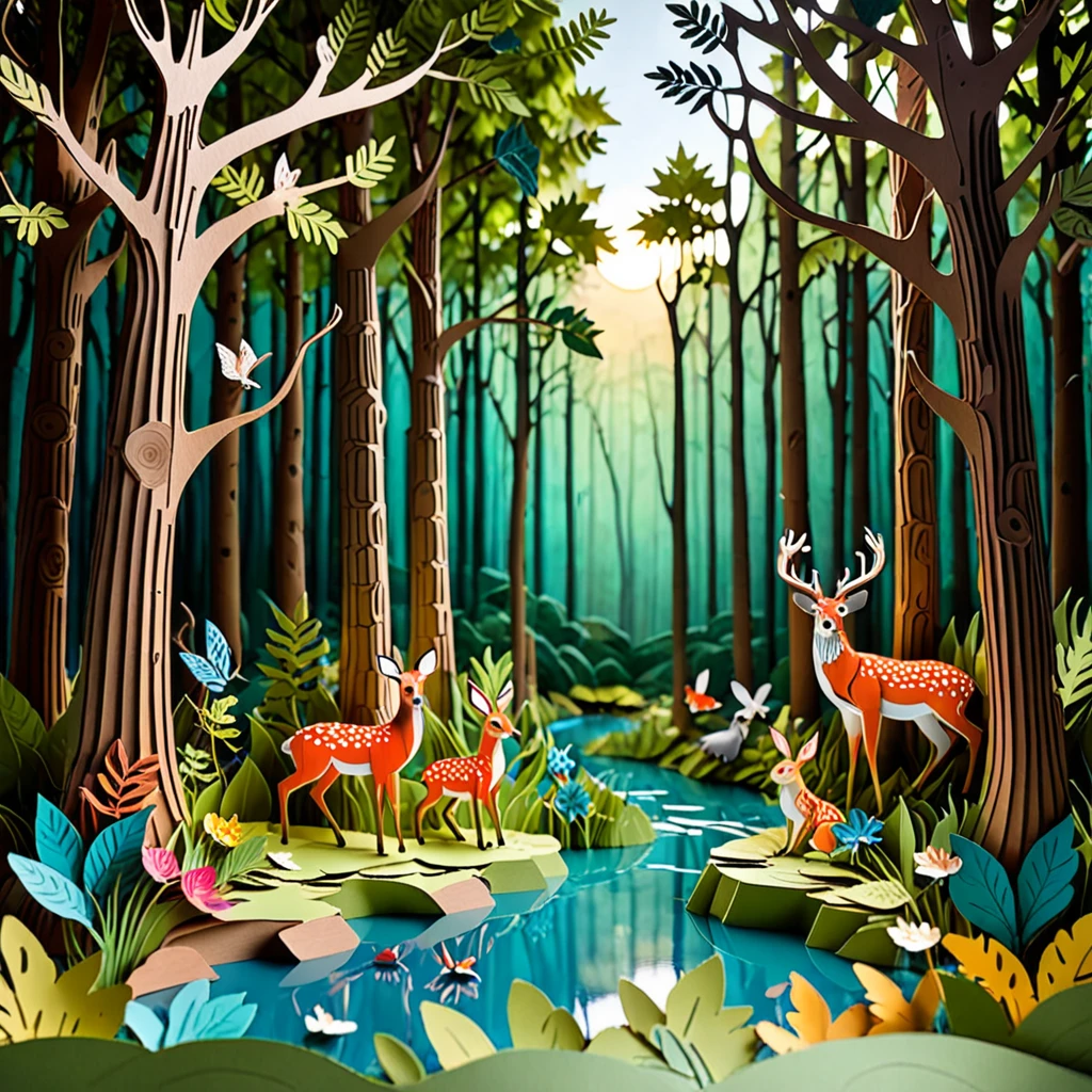 Create a detailed paper cutout artwork depicting a lively forest scene filled with various animals. The scene should include tall, majestic trees with dense foliage, a variety of animals such as deer, rabbits, birds, and squirrels interacting with their natural habitat. The forest floor should be adorned with plants, flowers, and small streams, creating a vibrant and harmonious ecosystem. The overall mood should be enchanting and full of life, capturing the beauty and diversity of the forest and its inhabitants.