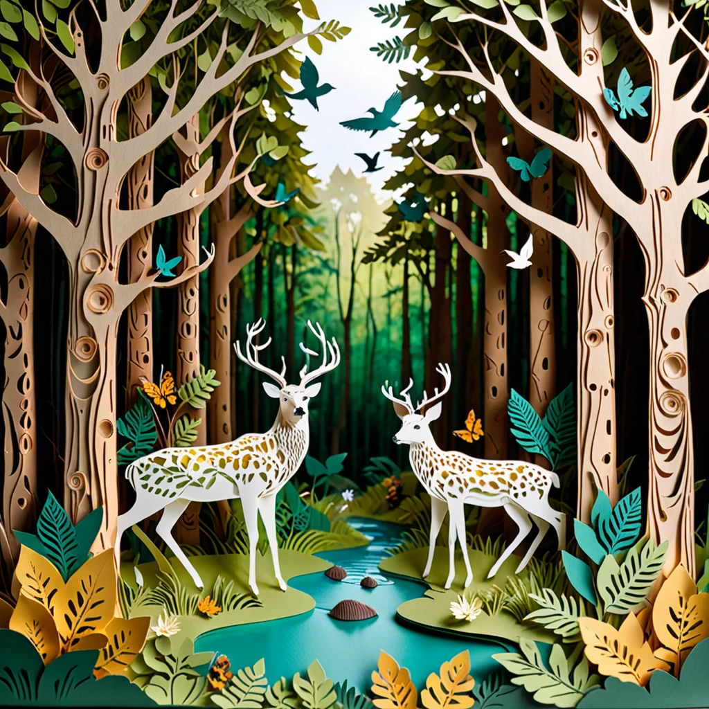 Create a detailed paper cutout artwork depicting a lively forest scene filled with various animals. The scene should include tall, majestic trees with dense foliage, a variety of animals such as deer, rabbits, birds, and squirrels interacting with their natural habitat. The forest floor should be adorned with plants, flowers, and small streams, creating a vibrant and harmonious ecosystem. The overall mood should be enchanting and full of life, capturing the beauty and diversity of the forest and its inhabitants.