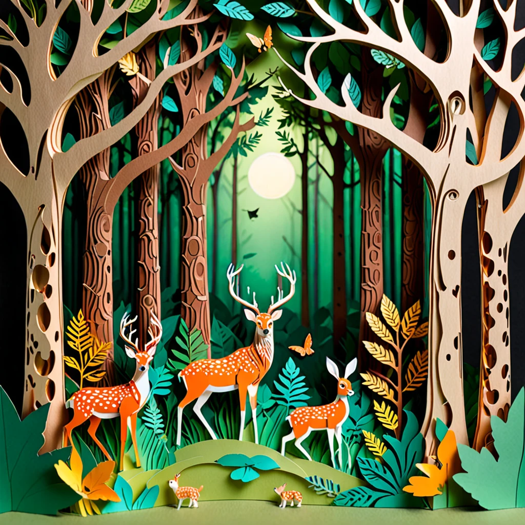 Create a detailed paper cutout artwork depicting a lively forest scene filled with various animals. The scene should include tall, majestic trees with dense foliage, a variety of animals such as deer, rabbits, birds, and squirrels interacting with their natural habitat. The forest floor should be adorned with plants, flowers, and small streams, creating a vibrant and harmonious ecosystem. The overall mood should be enchanting and full of life, capturing the beauty and diversity of the forest and its inhabitants.