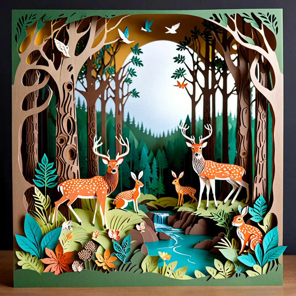 Create a detailed paper cutout artwork depicting a lively forest scene filled with various animals. The scene should include tall, majestic trees with dense foliage, a variety of animals such as deer, rabbits, birds, and squirrels interacting with their natural habitat. The forest floor should be adorned with plants, flowers, and small streams, creating a vibrant and harmonious ecosystem. The overall mood should be enchanting and full of life, capturing the beauty and diversity of the forest and its inhabitants.