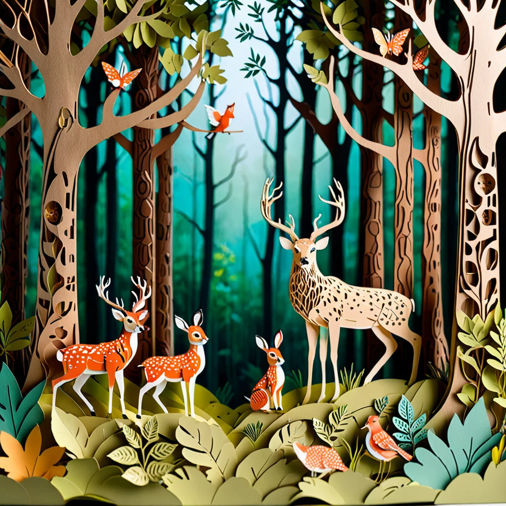 Create a detailed paper cutout artwork depicting a lively forest scene filled with various animals. The scene should include tall, majestic trees with dense foliage, a variety of animals such as deer, rabbits, birds, and squirrels interacting with their natural habitat. The forest floor should be adorned with plants, flowers, and small streams, creating a vibrant and harmonious ecosystem. The overall mood should be enchanting and full of life, capturing the beauty and diversity of the forest and its inhabitants.