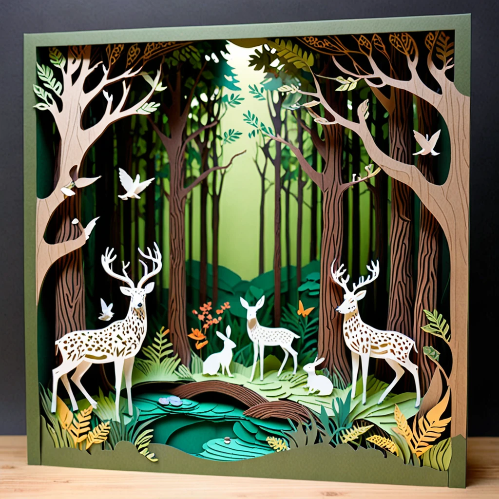 Create a detailed paper cutout artwork depicting a lively forest scene filled with various animals. The scene should include tall, majestic trees with dense foliage, a variety of animals such as deer, rabbits, birds, and squirrels interacting with their natural habitat. The forest floor should be adorned with plants, flowers, and small streams, creating a vibrant and harmonious ecosystem. The overall mood should be enchanting and full of life, capturing the beauty and diversity of the forest and its inhabitants.