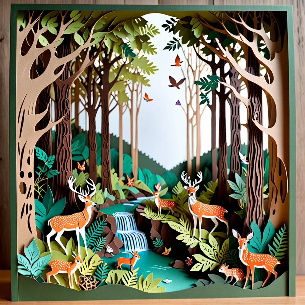 Create a detailed paper cutout artwork depicting a lively forest scene filled with various animals. The scene should include tall, majestic trees with dense foliage, a variety of animals such as deer, rabbits, birds, and squirrels interacting with their natural habitat. The forest floor should be adorned with plants, flowers, and small streams, creating a vibrant and harmonious ecosystem. The overall mood should be enchanting and full of life, capturing the beauty and diversity of the forest and its inhabitants.