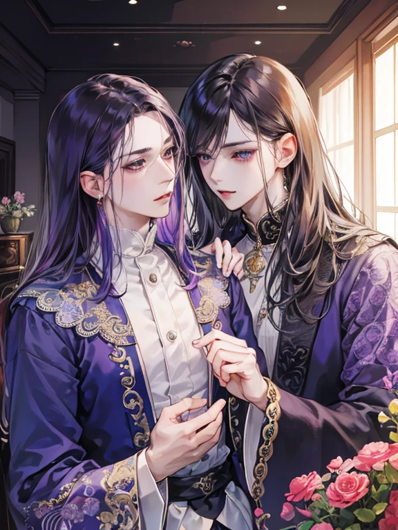 masterpiece,Highest quality,Male couple,adult,Different Fashion,Different colors,Delicate face,Intricate details,Happiness,like,同性like者,high resolution,Two beautiful men,romantic,Idol Photos,Professional Photos,Both have,Detailed bank hair,Enchanting,繊細なBoth haveの王子,Two Princes,Bob Hair,Bob Hairの男,A man with purple hair and a man with a fierce expression and a man with brunette hair and a seductive expression,Brunette long hair man