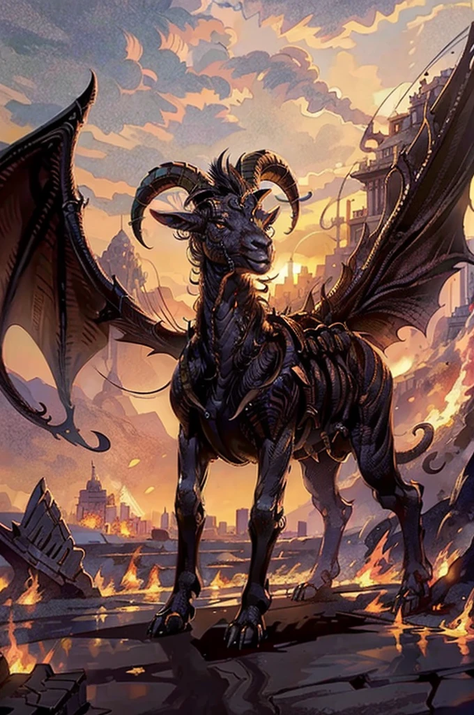 best qualtiy, masterpiece, high detail, hyper quality, high resolution, FHD,1080P,2K4K18K, 8k smooth, extremely detailed CG unity 8k high-definition Digital art of alien invasion,  Goat-faced evil creatures open the gates of hell and invade the city, Wars are raging, wasteland is rubble, Best Winning Entry, Firelight, collapsed city,cinematic lighting, Perfect light and shadow,ray tracing