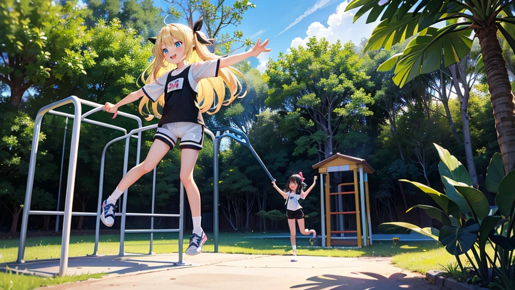 10 year old and 8 year old girls、blonde, Long Hair, blue eyes, Black hair ribbon, white shorts, Black leggings, Happy, Hilarious, Day, outside, White shoes, flat, short, Playing on the jungle gym in the park
