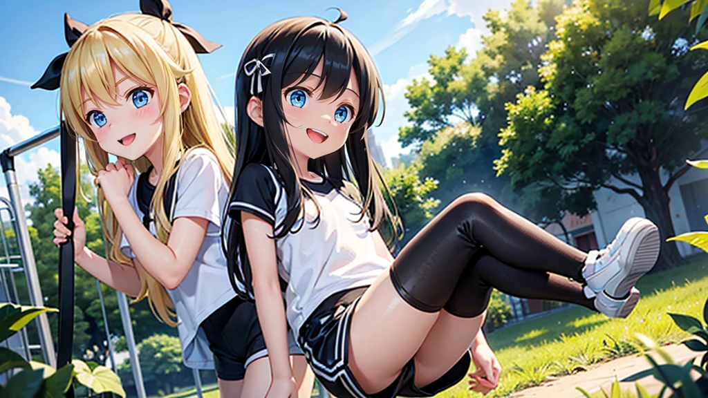 10 year old and 8 year old girls、blonde, Long Hair, blue eyes, Black hair ribbon, white shorts, Black leggings, Happy, Hilarious, Day, outside, White shoes, flat, short, Playing on the jungle gym in the park