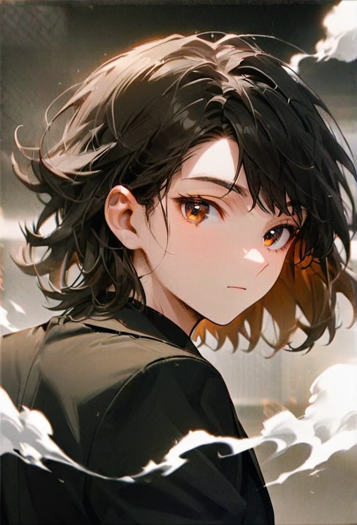 Half body portrait of a young man ,Two Block hairstyle, white smoke color, brown eyes, wears an all black suit. Stand and look back. Look back. Half-body image. Look back. ยืนท่ามกลางความวุ่นวาย