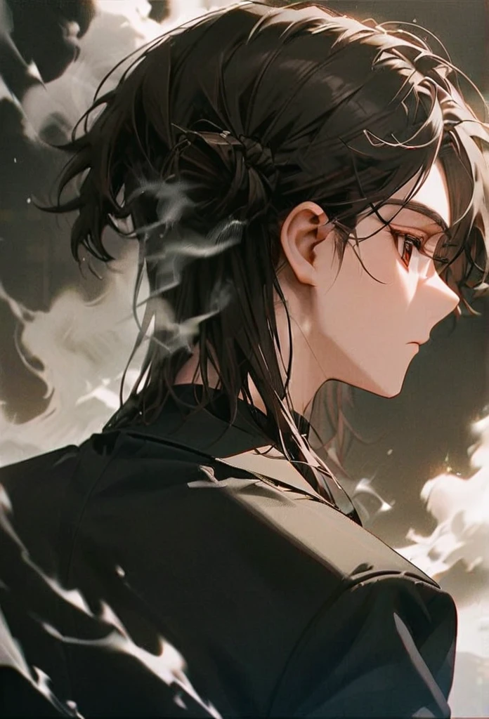 Half body portrait of a young man ,Two Block hairstyle, white smoke color, brown eyes, wears an all black suit. Stand and look back. Look back. Half-body image. Look back. ยืนท่ามกลางความวุ่นวาย