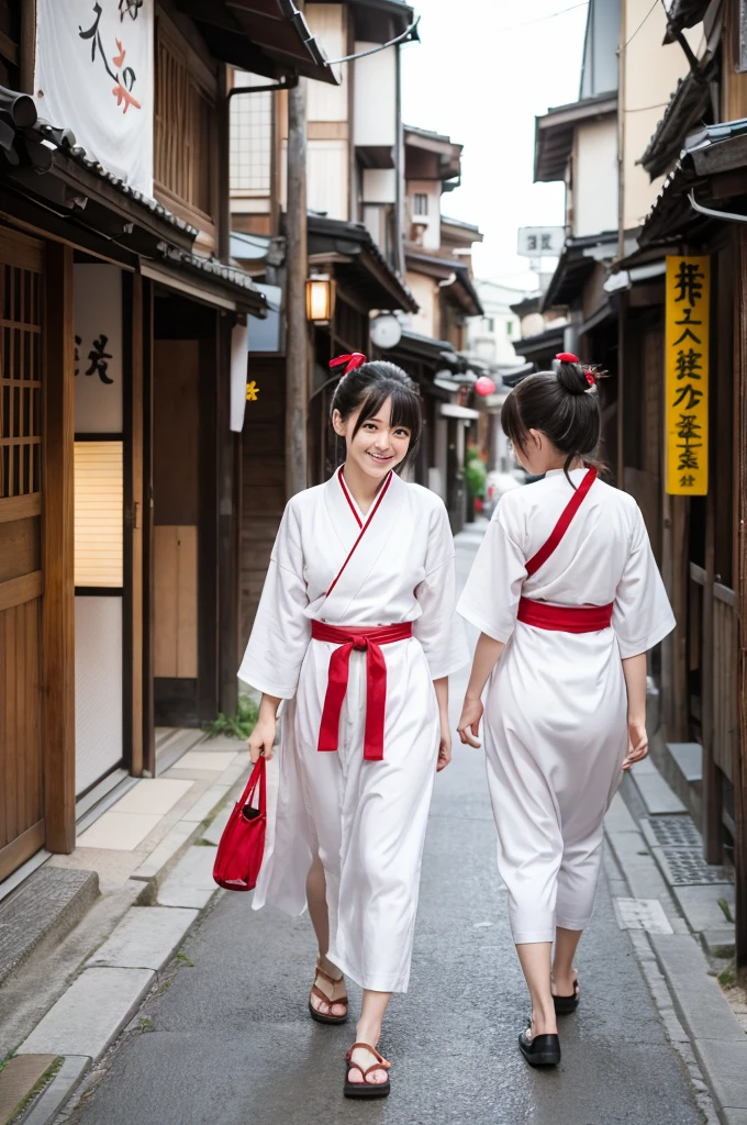 2 girls walking in old-Japanese street,white hakama tops,red or hakama bottoms,18-year-old,bangs,a little smile,short hair and low pigtails with red ribbon bow,from before,front light