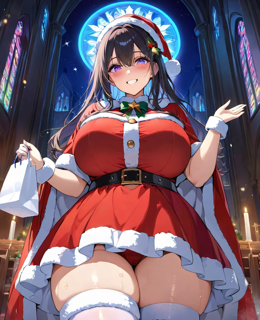 masterpiece, best quality, ultra detailed, (tear mole:1.3), beautiful detailed eyes, a woman, (((extra detailed face))), (((Church in the Middle of the Night))), Majestic atmosphere, (((Christmas))), mysterious encounter, (Snow is flying), kirakira, Dazzling light, (blue santa claus), (((frilly santa suit))), Wearing a cloak, ((tights)), (((frilld))), ((fringe)), ((hair adornments)), neon light, White gift bag, a smile, plump eyes, Eyes sparkle, (((big light in my eyes))), Wet eyes, Colorful, Fine skin, thighs thighs thighs thighs, ((Hair Arrangement)), 