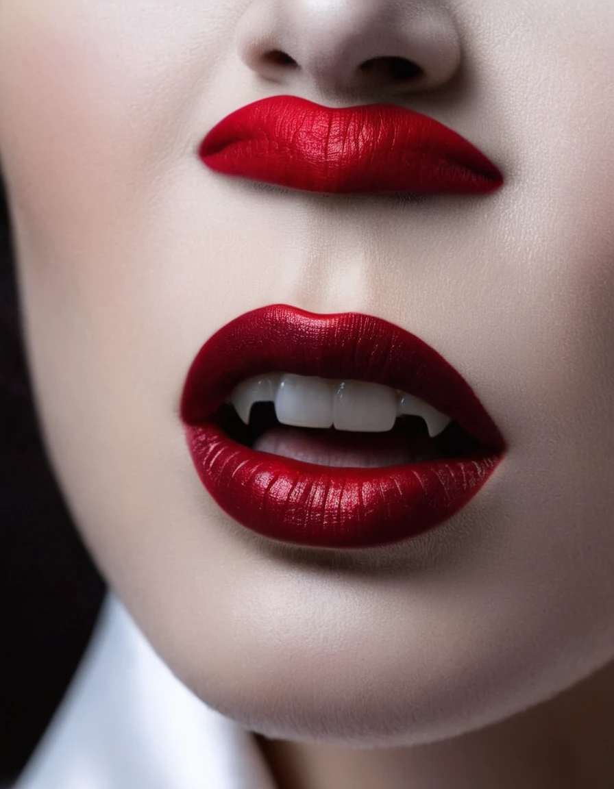 nsfw, 1lady, solo, mature adult woman,evil MILF,lady from hell, vampire beauty, femme fatale, evil apostle of darkness, peerless beauty,a Vampire Kiss, (A evil smile that lifts the corners of her mouth:1.3),(Dark red lips, glossy lips), Fangs, tongue, saliva, Focus only on the mouth, Woman mouth close up, from front