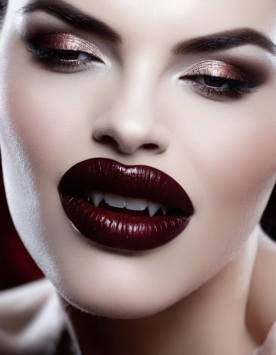 nsfw, 1lady, solo, mature adult woman,evil MILF,lady from hell, vampire beauty, femme fatale, evil apostle of darkness, peerless beauty,a Vampire Kiss, (A evil smile that lifts the corners of her mouth:1.3),(Dark red lips, glossy lips), Fangs, tongue, saliva, Focus only on the mouth, Woman mouth close up, from front
