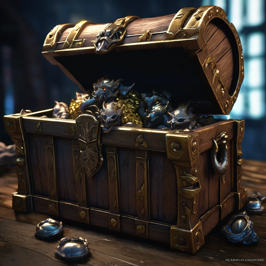 Complex fantasy treasure chest monster、Deep in the Dungeon、(A tongue and fangs popping out of a treasure chest, using a motion blur effect:1.9)、Marker Outline、Very detailed、Cinematic lighting、Dramatic composition、Dark and gloomy atmosphere、A calming color palette、Chiaroscuro Lighting、Gothic Horror、Unreal Engine、Concept Art Style、Digital Painting、8K、Photorealistic、mimic
